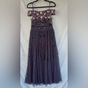 EUC Adrianna Papell Off The Shoulder Beaded Gown Size 4 Navy Blue Beaded Sequins